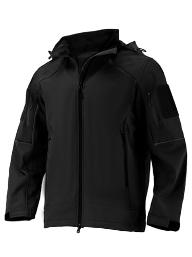 Flyplus Chaqueta con capucha Softshell para hombre, chaqueta militar táctica para lluvia, ligera, transpirable con forro polar, Negro -, X-Large