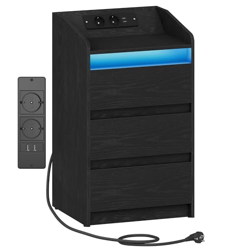 Hzuaneri Nachttisch mit 3 Schubladen, Beistelltisch mit Ladestation und LED, 2 AC-Steckdosenund 2 USB-Anschlüsse für Schlafzimmer, Wohnzimmer, Schwarz NS40004X