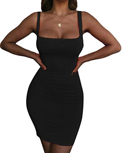 Minetom Damen Sommer Slim Kleid Neckholder Bodycon Partykleid Sommerkleid Cocktail Minikleid Freizeitkleid Spaghetti Strap Stretchy Kleider Schwarz XL