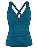 Hilor Underwire Swimuit Top for Women Tummy Control Tankini Tops Ruched Swim Top Only Blue Coral 14