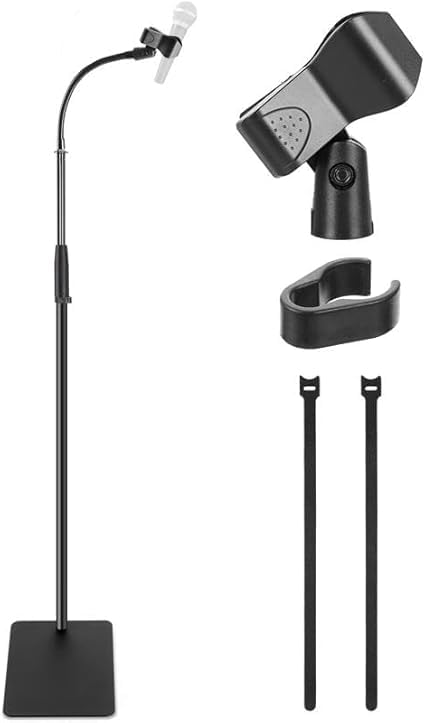 Image of Pyle Square Base Gooseneck Microphone Stand with Mic Clip - Heavy Duty, Height Adjustable, 49.20 inch to 76.38 inch, Solid Die-Cast Base, Studio & Concert Use, Universal 5 /8'' Adapter, Cable Clip Included