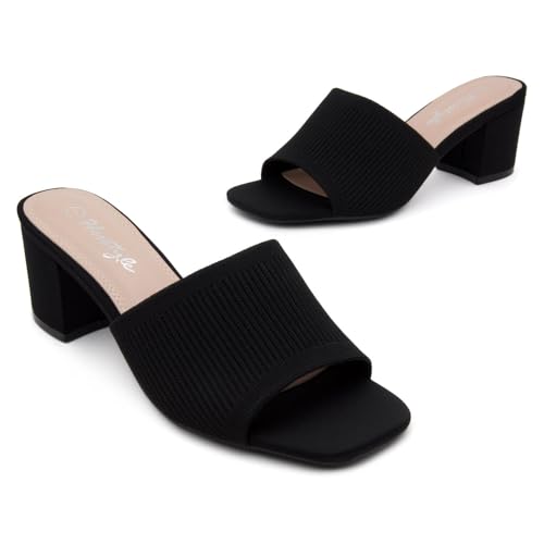 Image of Herstyle Square Open Toe Heeled Sandals for Women 2.5 Inch Low Block Chunky Heel Sandals Slip-On Mules Comfortable Dress Shoes for Party Wedding Office