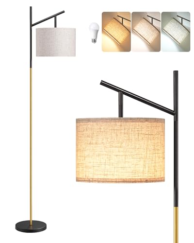 Image of EDISHINE Black Gold Modern Floor Lamps for Living Room, Arc Standing Lamp | Bulb Included, 3 Color Temperatures, Flexible Lampshade, Foot Switch, Weighted Base, Tall Light for Office, Bedroom