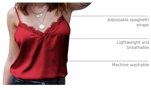 Image of Ekouaer Women's Satin Camisole Lace Silk Satin Pajama Tank Tops V Neck Soft Spaghetti Strap Loose Sleepwear Wine Red XXL