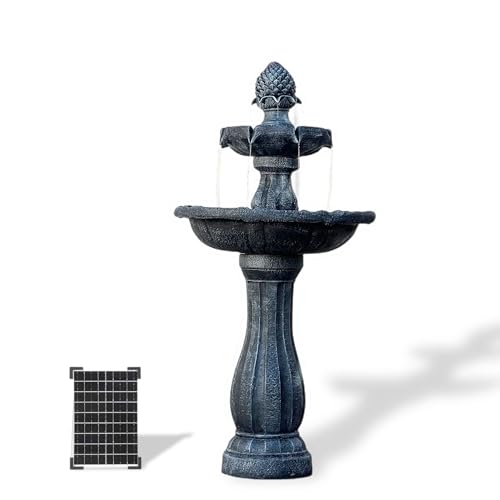 Image of XBrand 44 inch H Gray Fiberglass /Resin 2-Tier Solar Water Fountain w /Solar Panel and Auto-Shut Off Pump, Solar Garden Fountain, Tall Outdoor Fountain, Two Tiered Birdbath Fountain