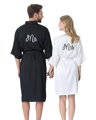 Image of Jecery 2 Pcs Satin His and Hers Robes Set Mr. Mrs. Silk Matching Robe for Couples Women Man Wedding Engagement Bridal Gift