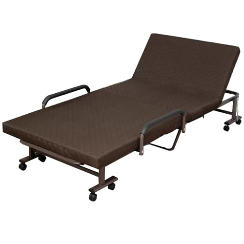 Cama plegable con colchón, cama plegable resistente para adultos, respaldo ajustable en 6 posiciones, portátil con ruedas