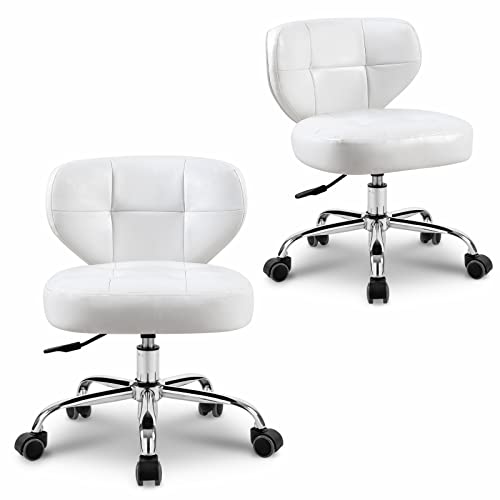Paddie Pedicure Stools for Nail Tech Set of 2, Hydraulic Salon Spa Stool Back Support Short Height Adjustable Swivel Chair, Perfect for Massage/Tattoo/Esthetician/Shop/Medical, White