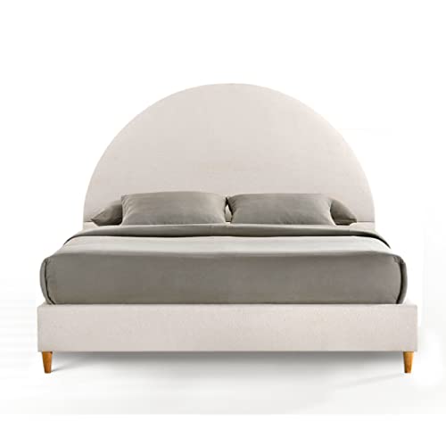 Dg Casa Queen Boucle Upholstered Platform Bed Frame, Arch-Shaped Headboard, Solid Natural Wood Legs, Timeless Modern Design, Soft Textured Fabric, Wooden Slat Support System, Cream #TOP2