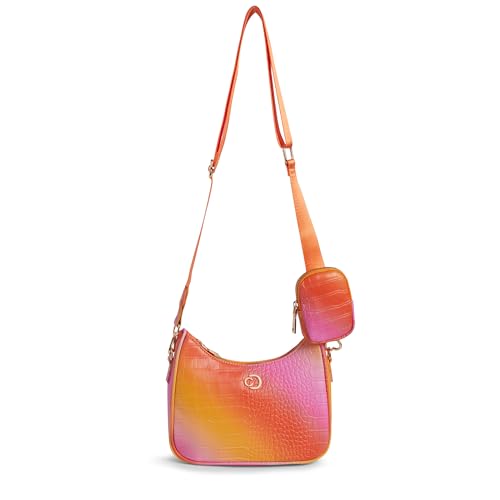 Image of Caprese Marilyn Medium Sling Bag for Women | Croc Pattern Crossbody Bag with Detachable Mini Pouch | Adjustable Strap Shoulder Bag for Everyday Use (Coral Ombre)