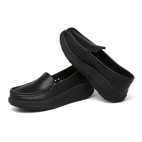 Image of Women's Platform Orthopedic Nurse Working Shoes,Comfortable Breathable Slip On Anti-Slip Nursing Restaurant Work Leather Walking Loafers