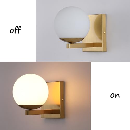 Image of Gold Mid Centry Modern Wall Sconce, Globe Wall Sconce with Frosted Glass Lampshade, Brass Wall Light Fixture for Bedroom Living Room Bathroom Hallway Entryway
