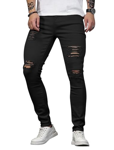 HUNGSON Men's Blue Slim Fit Jeans Stretch Destroyed Ripped Skinny Jeans Side Striped Denim Pants(Black,40)