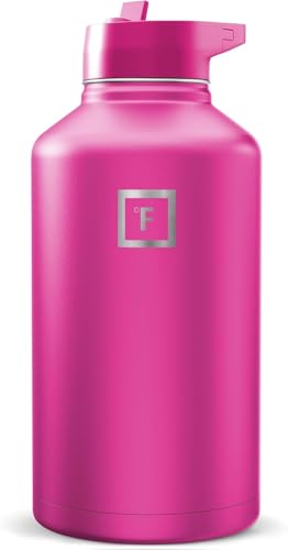 Image of IRON FLASK Camping & Hiking Hydration Flask with Straw, Wide Mouth Insulated Stainless Steel Sports Water Bottle - Pink Tulip 64 oz - Straw (1 Lid)