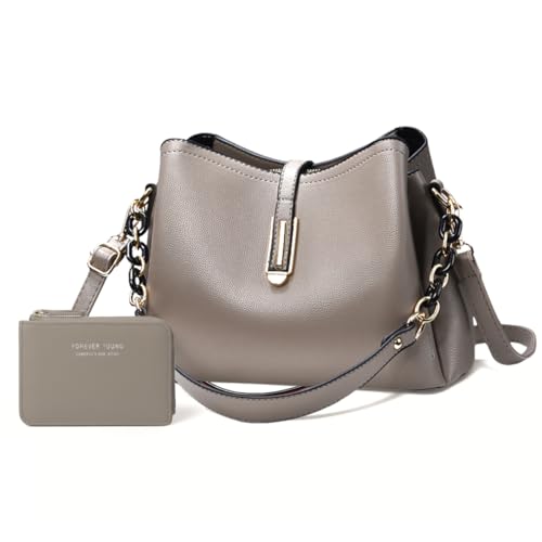 Bolsa Feminina Couro Plutônio Bolsa de Ombro Mão Transversal para Uso Diário Luxo Bolsa de Mão Multicamadas Tamanho Médio Moderna (Cinza + Carteira)
