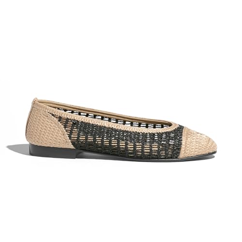 Mesh Raffia Ballet Flats Shoes for Women Mary Jane Flat Woven Round Cap Toe Dress Casual Comfortable Ballerina