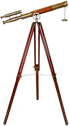 Antique Nautical Designer Double Barrel Telescope Brown Leather Wooden Tripod Floor Standing Telescopic - Navirock