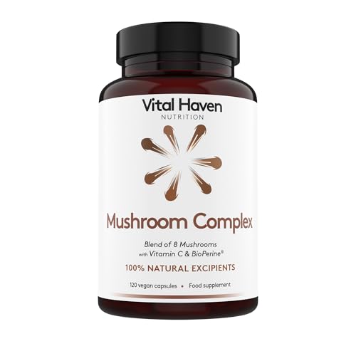 Vital Haven - Mushroom Supplement - Lions Mane Reishi Cordyceps Shiitake Maitake Chaga Agaricus Blazei Tremella with VIT C - UK Made