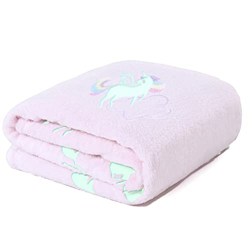 Leuchtet im Dunkeln, Überwurfdecke für Kinder, Winthome leuchtende niedliche Decke mit Einhorn-Muster, einzigartiges Geburtstagsgeschenk für Kinder, weich und langlebig, 129,8 x 169,9 cm