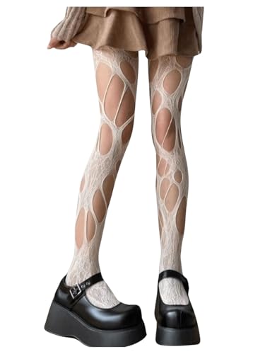 WDIRARA Women's Hollow Out Pantyhose Ripped Tights High Stockings for Rave Punk Y2k Pure White One Size
