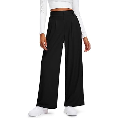 Libin Women's Wide Leg Pants 27" High Waisted Waffle Knit Casual Slacks Work Dress Pants Business Palazzo Trousers with Pockets, Black, L Cover