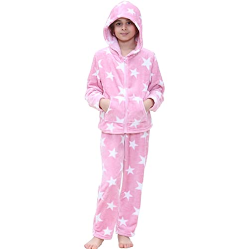 Girls Stars Print Fleece Extra Soft Loungewear Trendy Fashion Zipped Top Flannel Fleece Hooded PJS Outfit Set