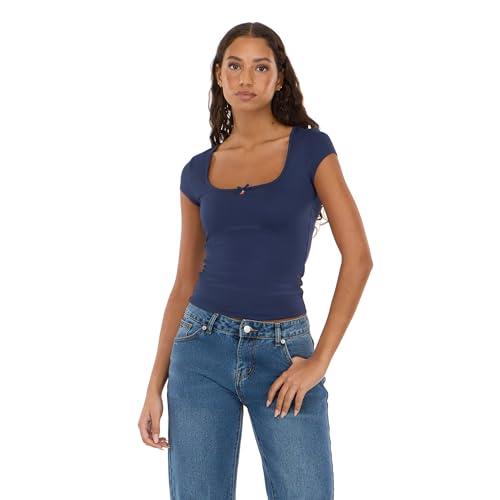 Forever 21 Women's Short Sleeve Square Neck Cropped T Shirt, Navy, S