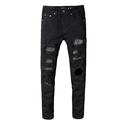 Generic Black Mens Crystals Patchwork Jeans Skinny Stretch Slim Distressed Ripped Rhinestone Stacked Knee Holes Pant2