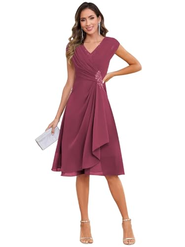 OFEYCHUN Mother of The Bride Dresses Short Chiffon Ruffle Cap Sleeves Formal Evening Gown for Women