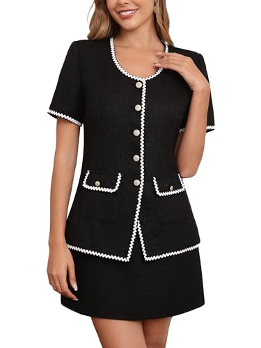 M.Infisavo Tweed Blazer Jackets for Women 2025 Spring Summer Elegant Short Sleeves Button Office Outfit with Braid Trim