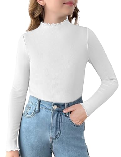 Arshiner Girls Lettuce Trim Mock Neck Long Sleeve Shirts Ribbed Knit Slim Fit Base Layer Tops Tees