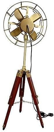 KS MART Antique Brass Pedestal Fan with Wooden Tripod Stand Handcrafted Vintage Style Decorative Electric Fan for Home, Office & Retro Collectible Décor