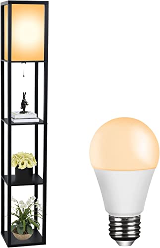 Fullwatt Stehlampe mit Holzregal Innenbeleuchtung Holz Stehleuchte mit Regalen für Schlafzimmer und Wohnzimmer (Schwarz & Glühbirne)