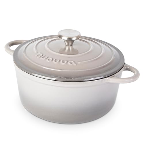 Nuovva Enamelled Cast Iron Dutch Oven Pot with Lid – 5 Quart Casserole Dish – Ceramic Dutch Oven for Bread Baking, Roasting, Braising & Stews – Oven Safe up to 500°F – 24cm Grey