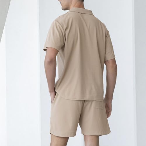 Mens Waffle Casual Button Down Short Sleeve T Shirts and Loose Shorts Summer Beach Vacation 2 Piece Outfit Lounge Sets3