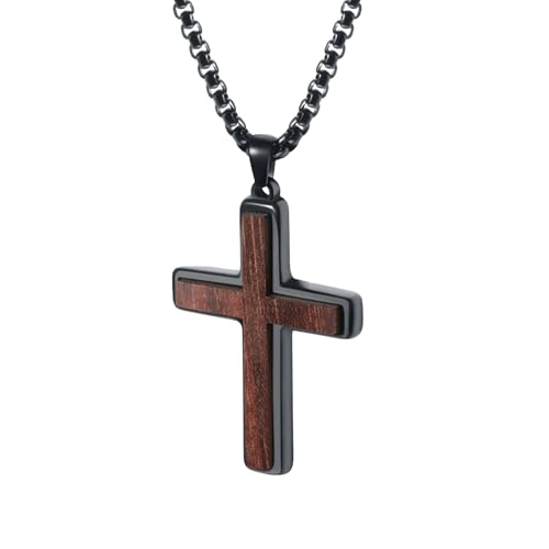 Mens Wooden Cross Necklace, Handmade Real Ebony Wood Cross Pendant for Men, Christian Crucifix Cross Necklace for Men, 24 Inch Stainless Steel Box Chain