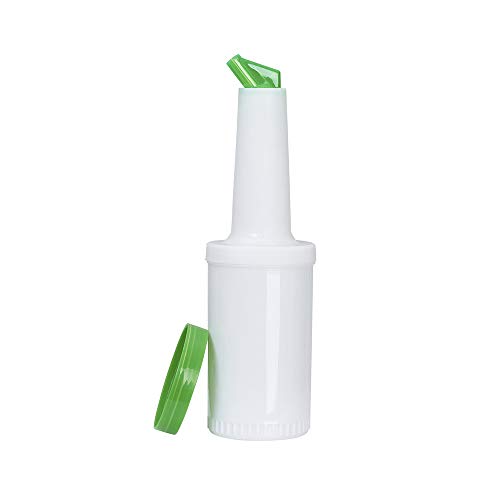 Store N Pour 1 Qt. Bottle with Green Pour Spout and Cap, 32 oz Flow-N-Stow Fruit Juice/Liquor Bar Storage Container, Bartender Supplies by Tezzorio