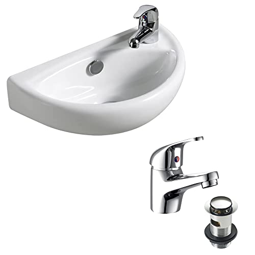 Compact Wall Hung Basin Sink Bathroom Mini Tiny Small Right Hand + Tap & Waste