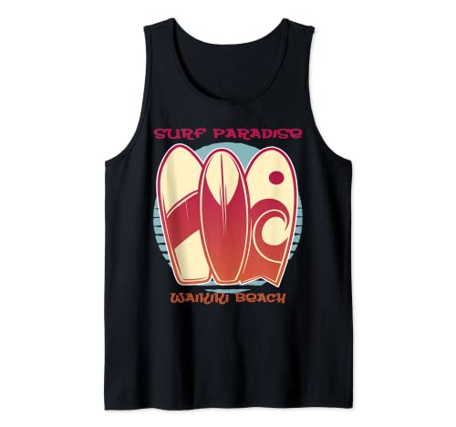 Surfing Hawaii Waikiki Beach Vacation Palmeras Ocean Surf Camiseta sin Mangas