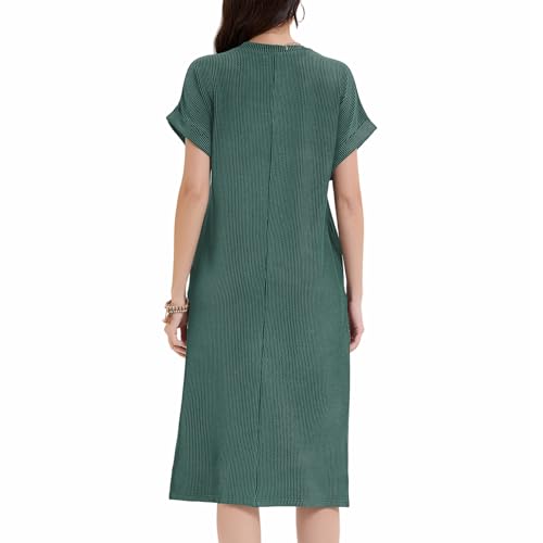 Image of Womens Casual T Shirt Dress Summer Fall Crewneck Loose Fit Side Split Knee Length Dress Ribbed Pattern with Pockets