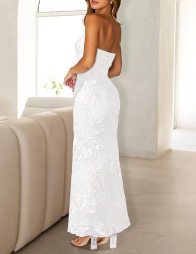 MEROKEETY Women\'s Floral Strapless Maxi Dress 2026 Summer Mesh Tube Bodycon Formal Wedding Guest Cocktail Party Long Dresses, White, X-Large