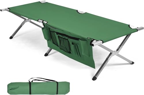 GOPLUS Cama de Camping Plegable, Cama Portátil Carga 204 kg, con Bolsillo Lateral y Bolsa de Transporte, Tejido Oxford 600D, para Senderismo Viaje Pesca, Playa Oficina, 190x73x42cm (Verde)