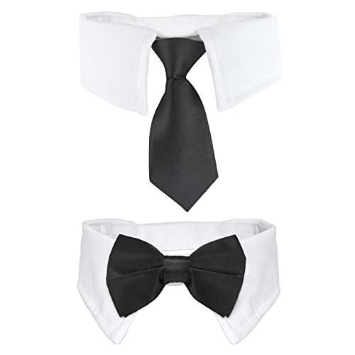 Dog Ties and Bows KOOLMOX Black Dog Bow and Tie with Shirt White Collar for Medium Large Dogs Cats Tuxedo Tux Suits Wedding Birthday Valentines Day Costumes 2 Pack Black