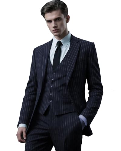 Men's 3 Pieces Pinstripe Suits Slim Fit Stripe Tuxedo Sets for Men Business Formal Wedding Blazer Jacket Vest Pants Sets