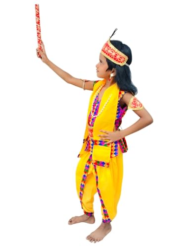 Image of BookMyCostume Shri Krishna Multicolor Kids Fancy Dress Costume 9 Pcs Set with Red Accessories & Wig - Premium 5-6 years