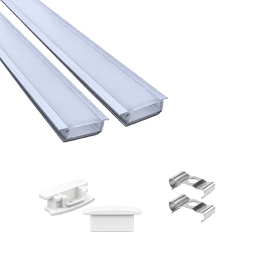Image of Lighting 18x6mm LED Strip Lights 1 Meter Aluminium Rectangular Concealed Profile Light Channels with Diffused Cover, End Caps and Mounting Clips Without LED Straight Linear (Pack of 2)