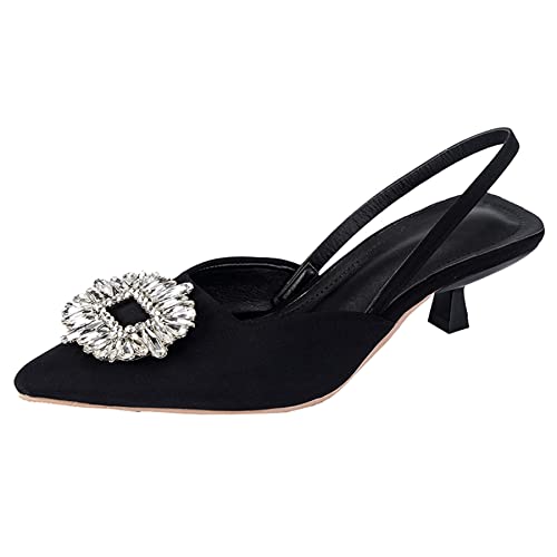 OALEEN Escarpin Femme Chaussure à Petit Talon Ouverte Bride arrière Bout Pointu Strass PU Cuir Eté Soirée Noir 38