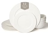 Square House New Bone China 12 Piece Dinnerware Set, Santorini Collection (Honeycomb), White, Daily Use China, Embossed Tableware Service for 4