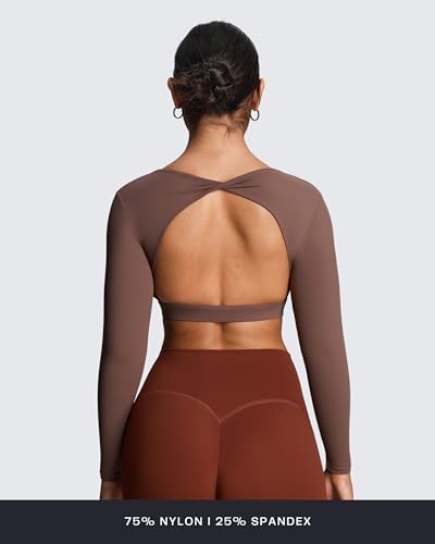 Image of Aoxjox Women's Define Sculpt Long Sleeve Crop Tops | buttery soft fabric,curved hem,hollow back, low support, removable pads, workouts,yoga,gym, daily wear