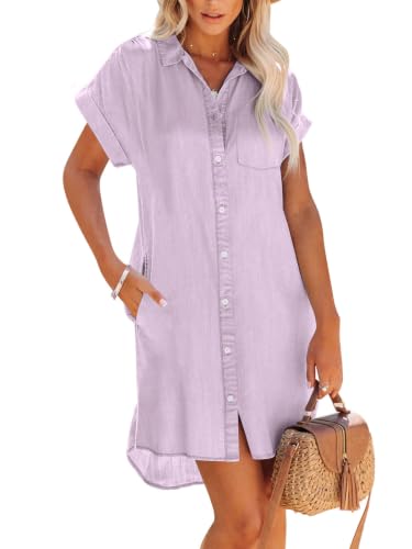 Image of Paintcolors Women's Long Sleeve Silk Denim Button Up Dresses Shirt Tunics Cover-ups Oversized Blouse Tops with Pockets